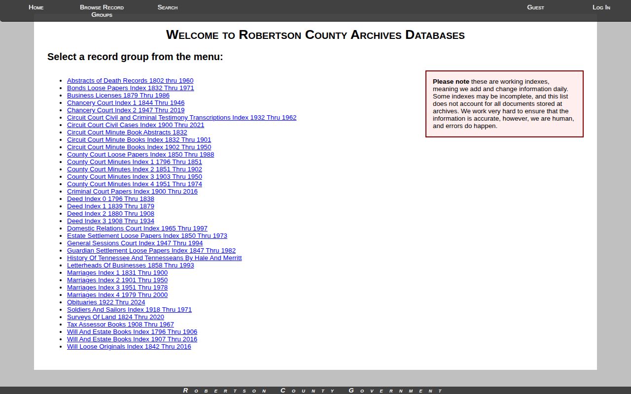 Robertson County archive index supporting older release record research