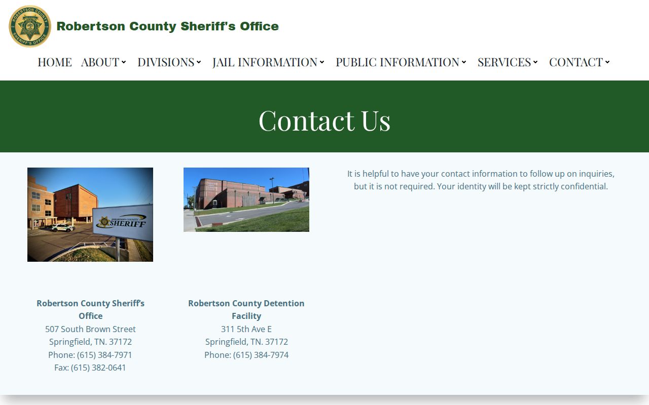 Robertson County Detention Facility contact source for release records