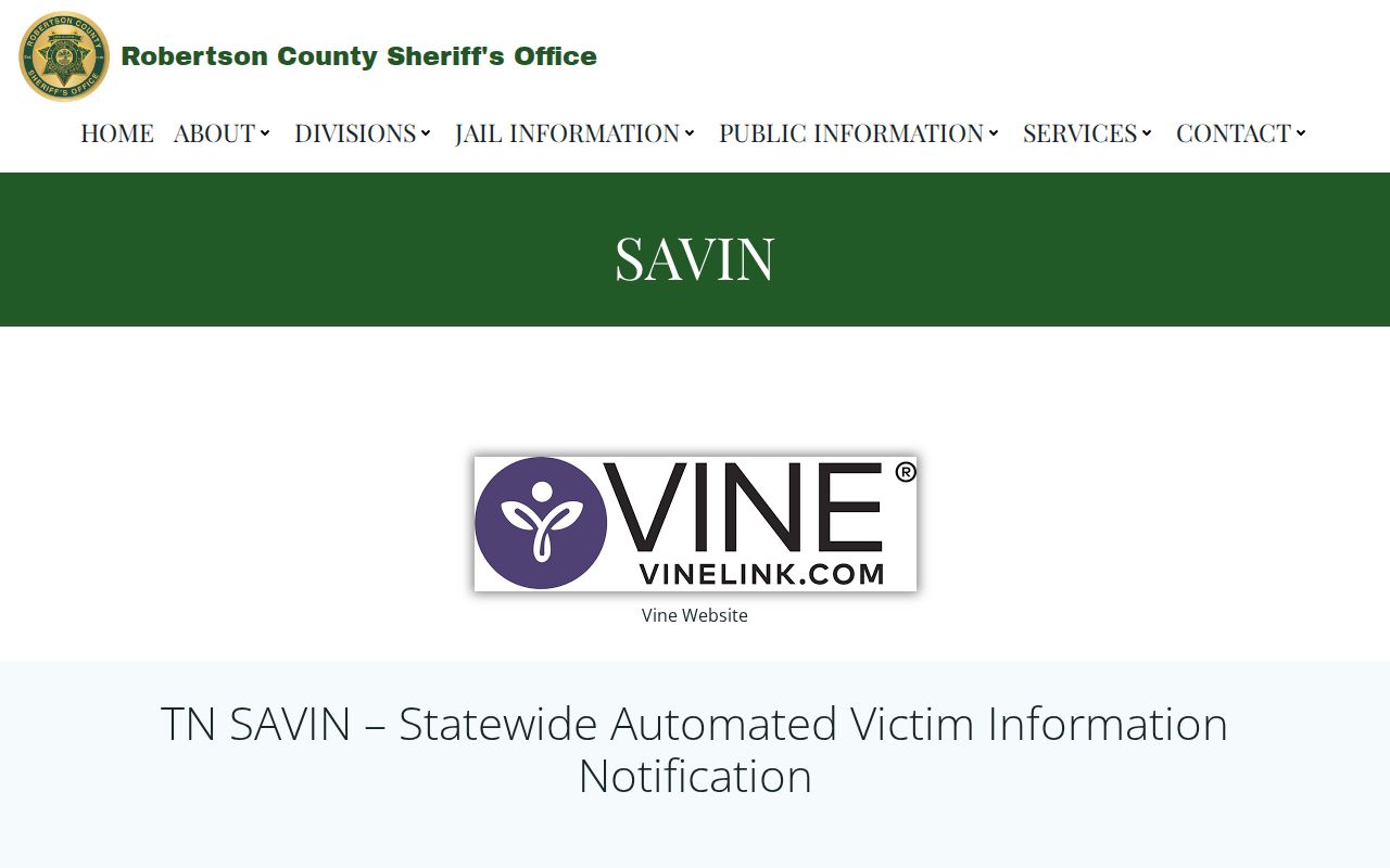 Robertson County TN SAVIN release alert phone and PIN instructions